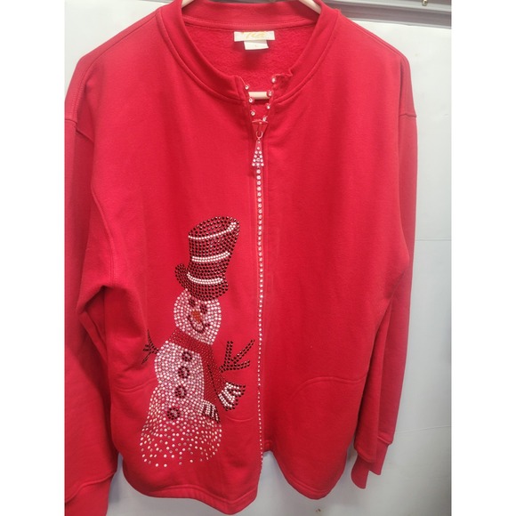 Tia Designs Red Rhinestone Snowman Zip Up Holiday Christmas Sweatshirt Large - Picture 3 of 11